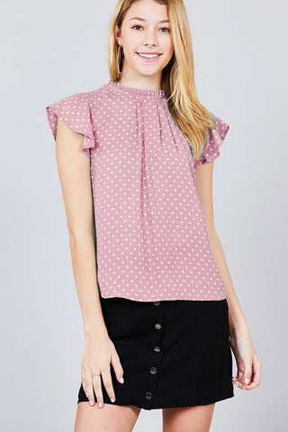 Short Sleeve Ruffle Neck Back Button Dot Print Woven Top