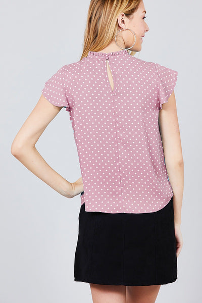 Short Sleeve Ruffle Neck Back Button Dot Print Woven Top