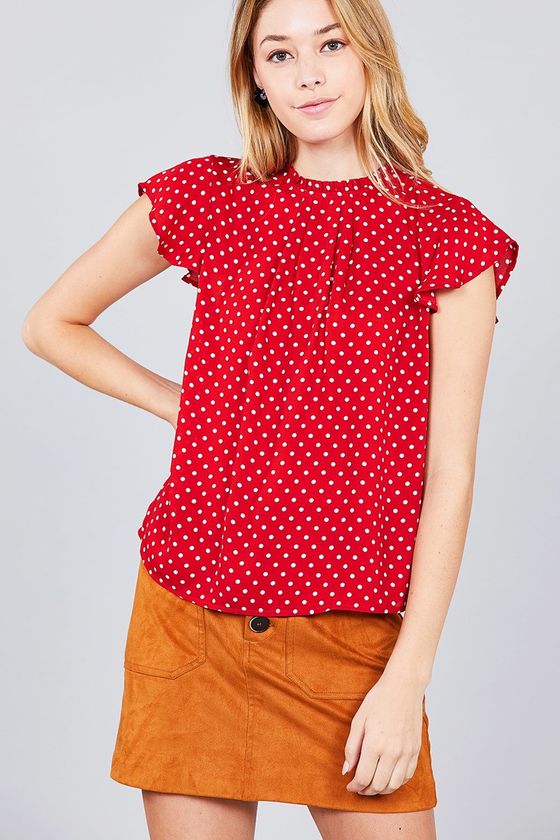 Short Sleeve Ruffle Neck Back Button Dot Print Woven Top
