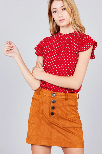 Short Sleeve Ruffle Neck Back Button Dot Print Woven Top