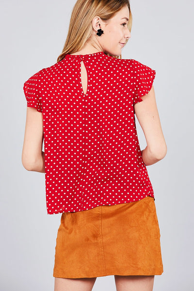 Short Sleeve Ruffle Neck Back Button Dot Print Woven Top
