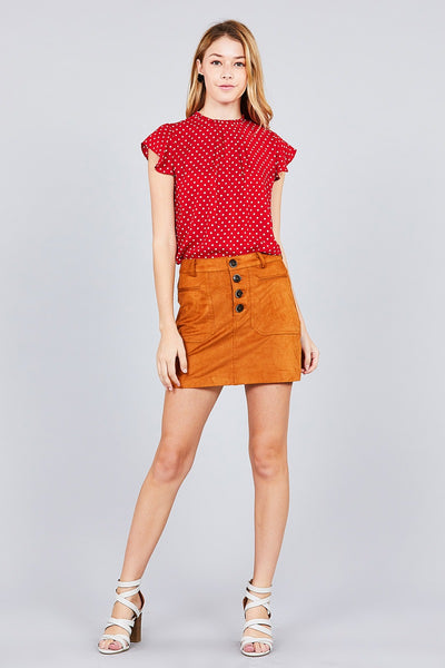 Short Sleeve Ruffle Neck Back Button Dot Print Woven Top
