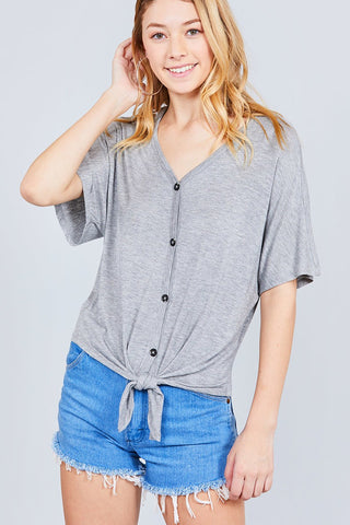 Short Dolman Sleeve V-neck W/button Detail Front Tie Rayon Spandex Cardigan