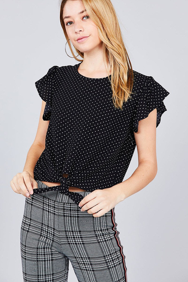 Ruffle Sleeve Round Neck Front Tie Dot Print Woven Top