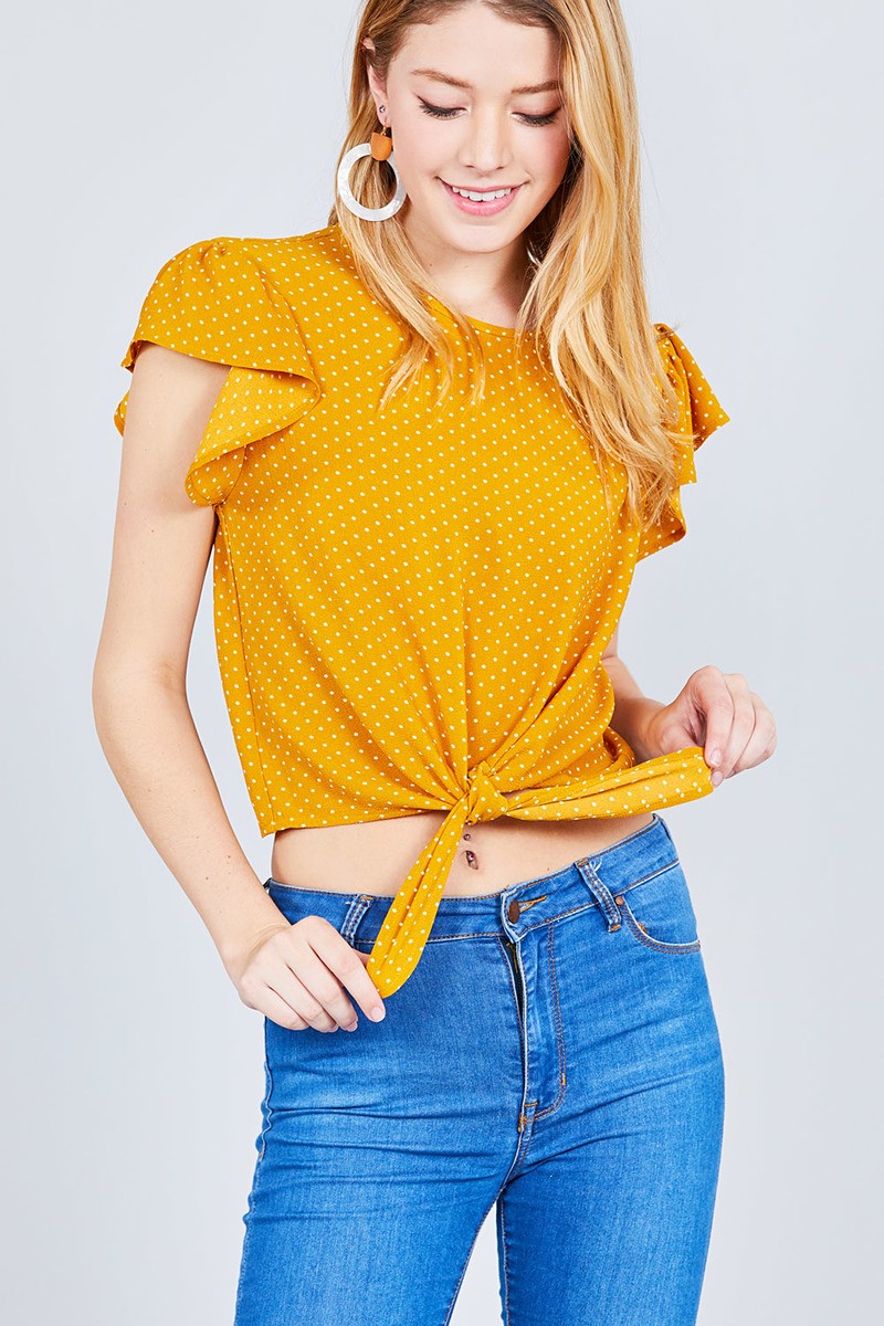 Ruffle Sleeve Round Neck Front Tie Dot Print Woven Top