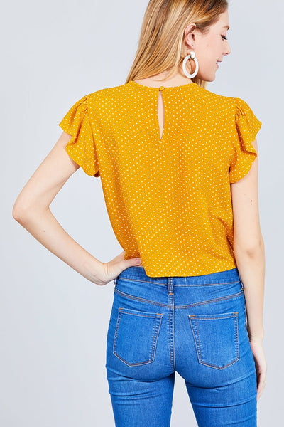 Ruffle Sleeve Round Neck Front Tie Dot Print Woven Top