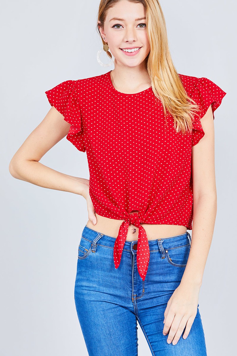 Ruffle Sleeve Round Neck Front Tie Dot Print Woven Top