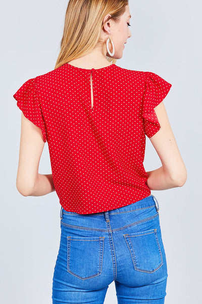 Ruffle Sleeve Round Neck Front Tie Dot Print Woven Top