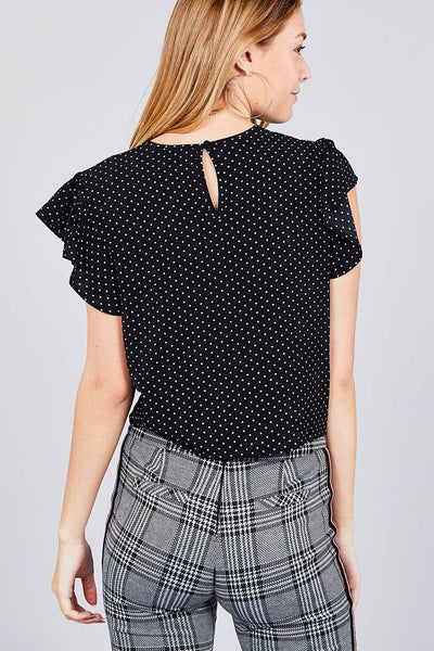 Ruffle Sleeve Round Neck Front Tie Dot Print Woven Top