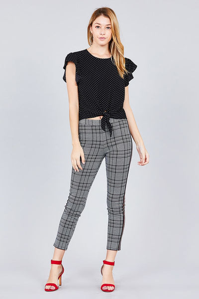 Ruffle Sleeve Round Neck Front Tie Dot Print Woven Top