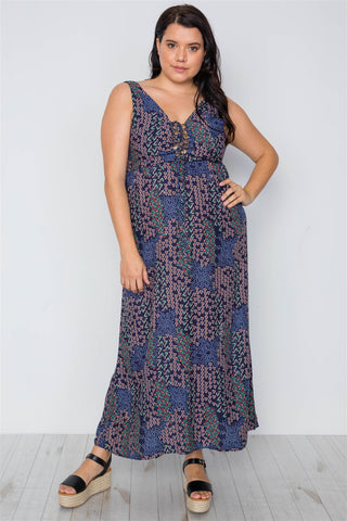 Plus Size Multi Navy Sleeveless Lace Up Maxi Boho Dress