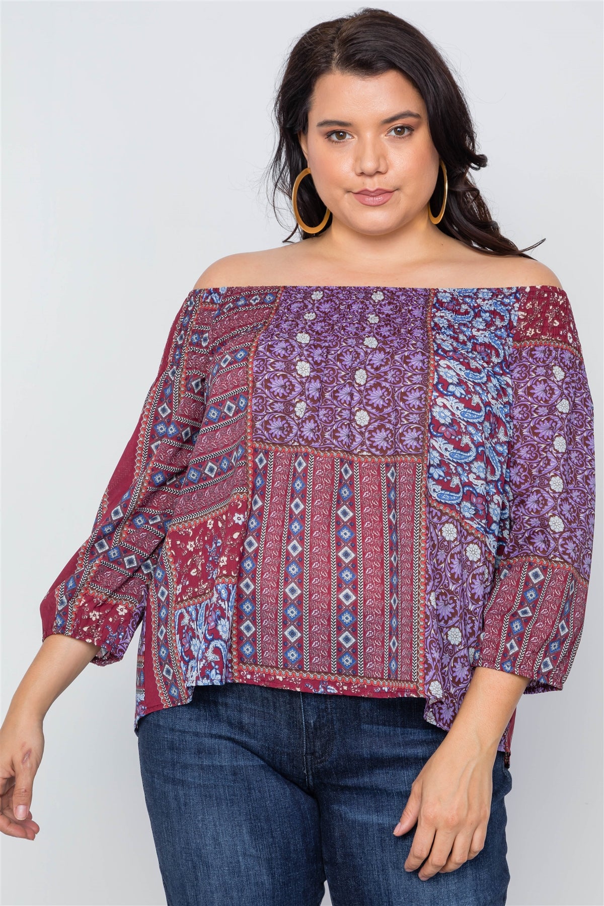 Plus Size Off-the-shoulder Multi Print Top