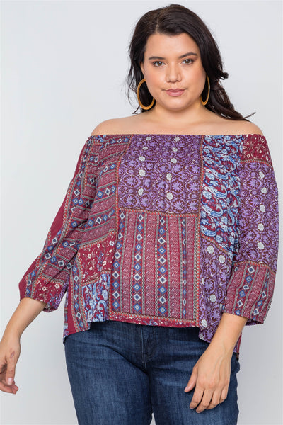 Plus Size Off-the-shoulder Multi Print Top