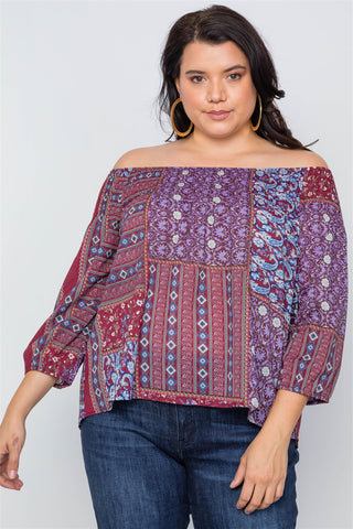 Plus Size Off-the-shoulder Multi Print Top