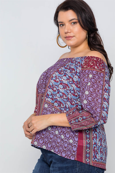 Plus Size Off-the-shoulder Multi Print Top