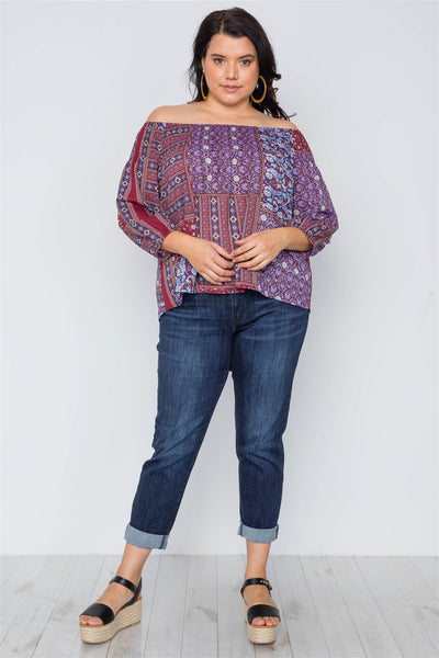 Plus Size Off-the-shoulder Multi Print Top