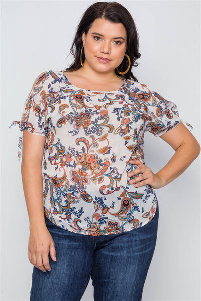 Plus Size Multi Self Tie Sleeves Floral Chiffon Top