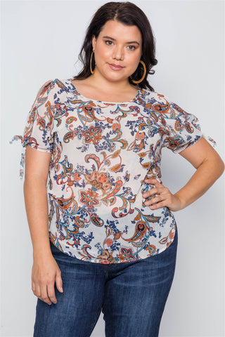 Plus Size Multi Self Tie Sleeves Floral Chiffon Top