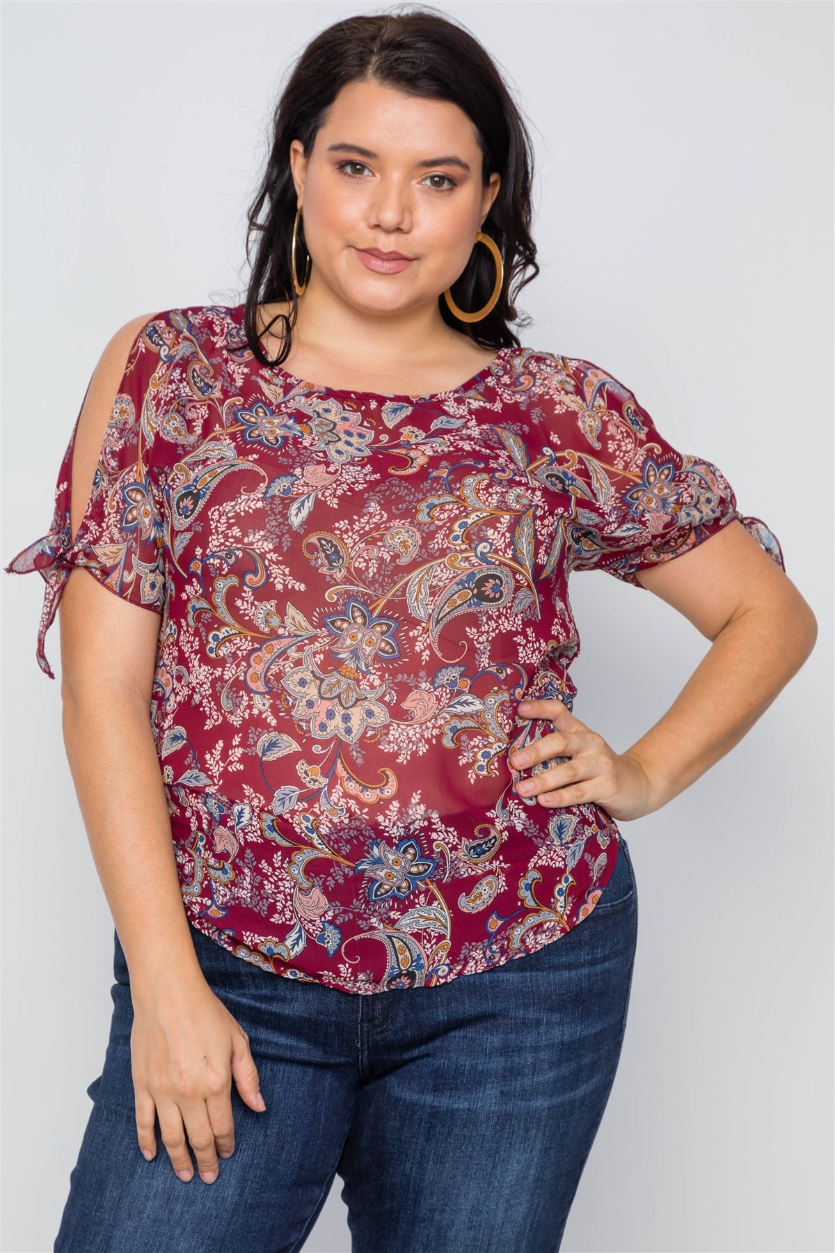 Plus Size Multi Self Tie Sleeves Floral Chiffon Top