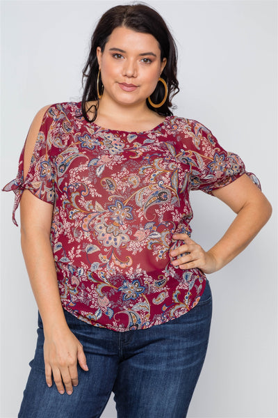 Plus Size Multi Self Tie Sleeves Floral Chiffon Top