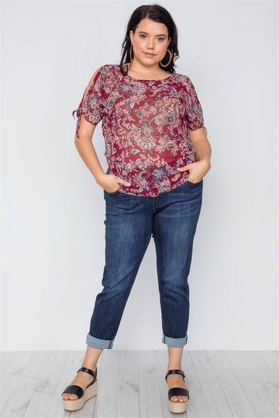 Plus Size Multi Self Tie Sleeves Floral Chiffon Top