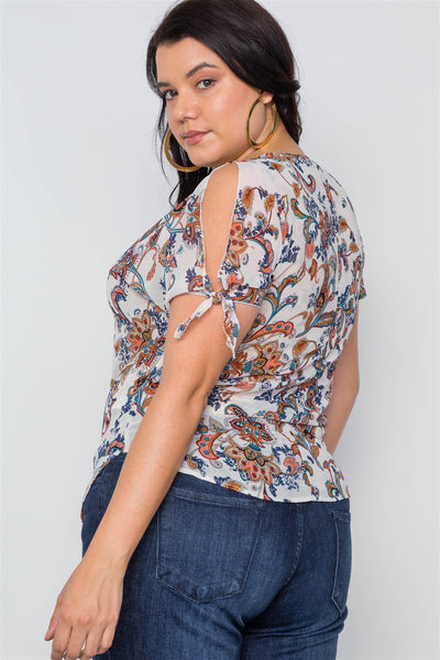 Plus Size Multi Self Tie Sleeves Floral Chiffon Top