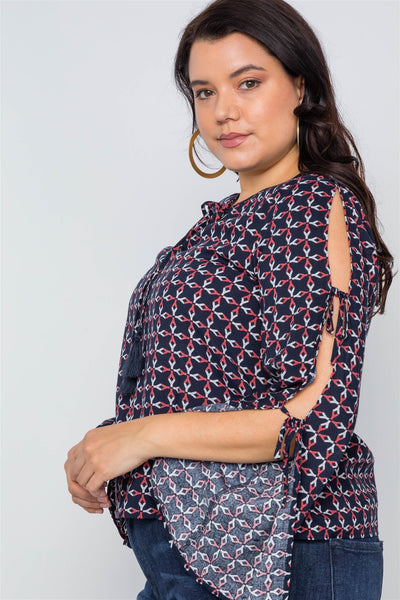 Plus Size Navy Multi Print Slit Self Tie Sleeves Top