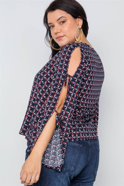 Plus Size Navy Multi Print Slit Self Tie Sleeves Top