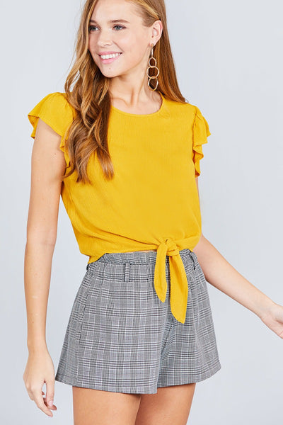 Ruffle Short Sleeve Front Tie Crinkle Gauze Woven Top