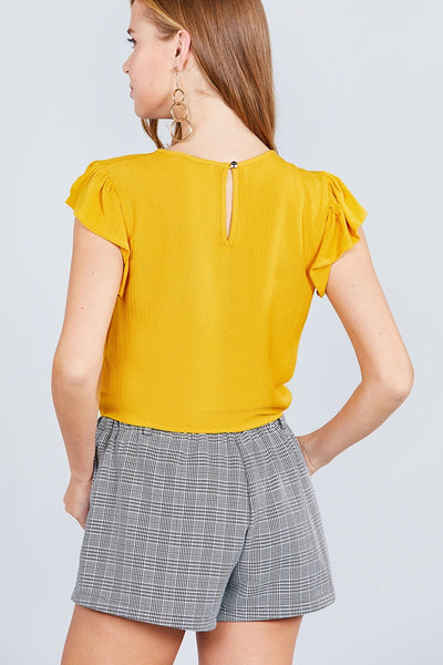 Ruffle Short Sleeve Front Tie Crinkle Gauze Woven Top