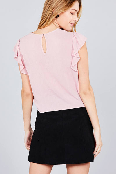 Ruffle Short Sleeve Front Tie Crinkle Gauze Woven Top