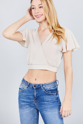 Short Sleeve V-neck W/surplice Tie Detail Woven Top