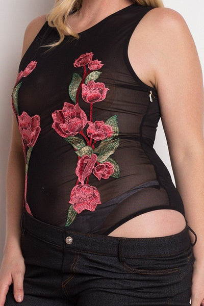 Floral Embroidery Mesh Bodysuit