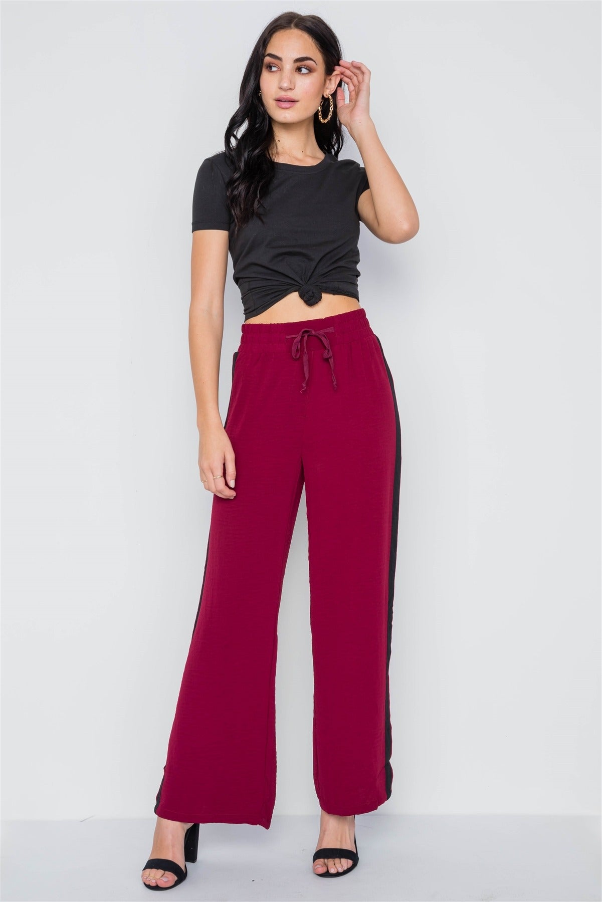 Contrast Trim Side Slit Wide Leg Casual Pants