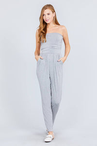 Strapless Tube Top W/front Slanted And Pocket Rayon Spandex Jumpsuit