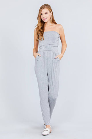 Strapless Tube Top W/front Slanted And Pocket Rayon Spandex Jumpsuit