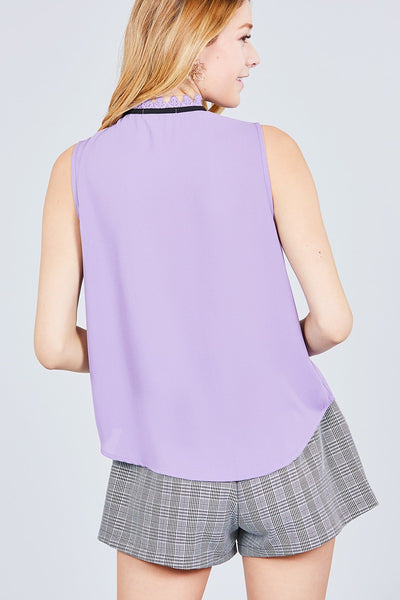 Sleeveless Contrast Tie W/lace Wool Dobby Woven Top