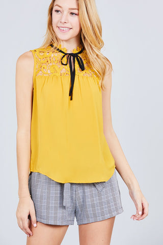 Sleeveless Contrast Tie W/lace Wool Dobby Woven Top