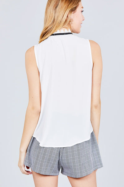 Sleeveless Contrast Tie W/lace Wool Dobby Woven Top