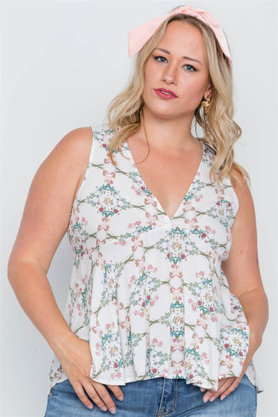 Plus Size Off White Floral Print Lace Up Top