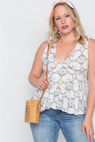 Plus Size Off White Floral Print Lace Up Top