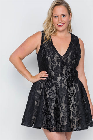 Plus Size Black Floral Lace Mini Skater Dress