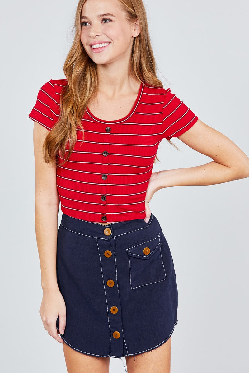 Short Sleeve Round Neck Button Down Stripe Rayon Poly Spandex Rib Top