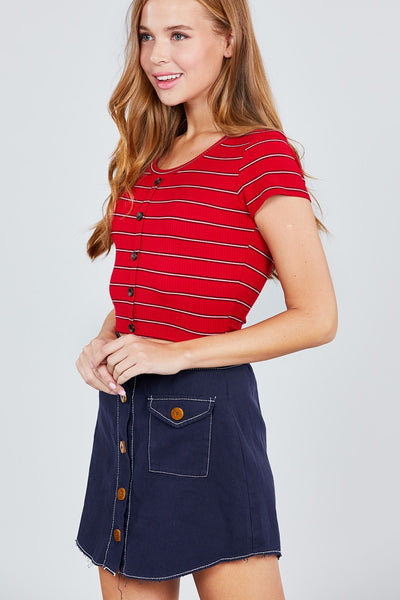Short Sleeve Round Neck Button Down Stripe Rayon Poly Spandex Rib Top