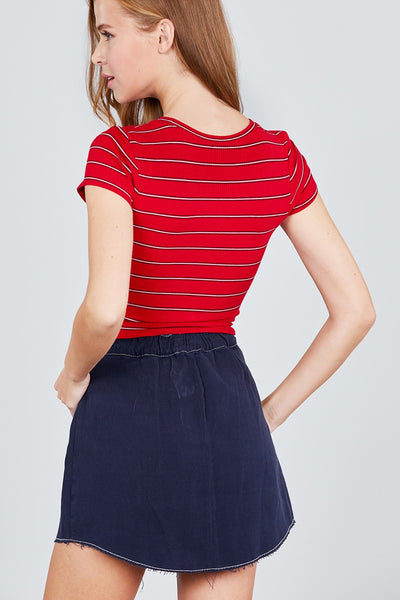 Short Sleeve Round Neck Button Down Stripe Rayon Poly Spandex Rib Top