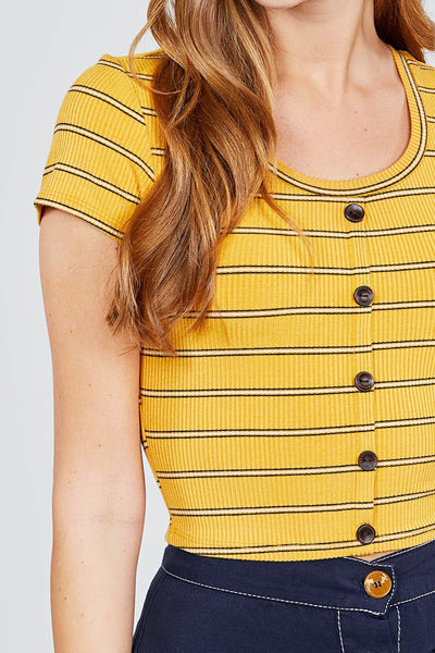 Short Sleeve Round Neck Button Down Stripe Rayon Poly Spandex Rib Top