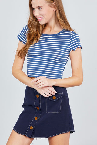 Short Sleeve Round Neck Lettuce Hem Stripe Jersey Cotton Spandex Top