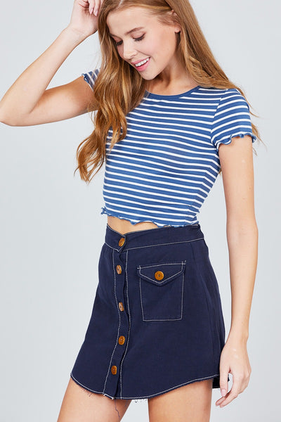 Short Sleeve Round Neck Lettuce Hem Stripe Jersey Cotton Spandex Top