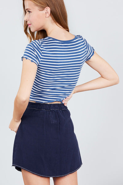 Short Sleeve Round Neck Lettuce Hem Stripe Jersey Cotton Spandex Top