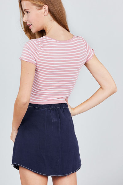 Short Sleeve Round Neck Lettuce Hem Stripe Jersey Cotton Spandex Top